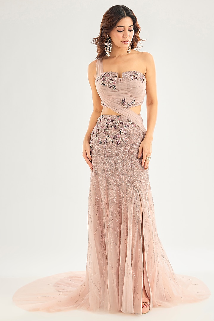 Blush Pink Mesh Crystallized Draped Skirt Bridal Saree Set by Dolly J at Pernia's Pop Up Shop