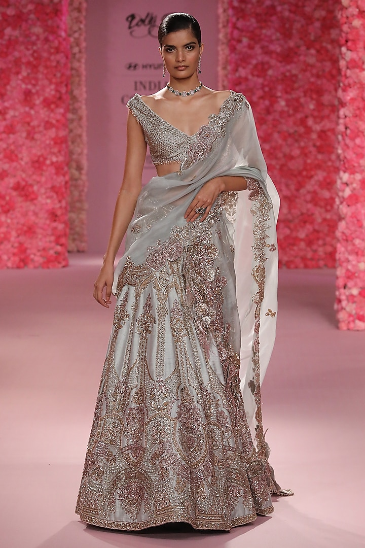Powdery Sage Raw Silk Thread Work Bridal Lehenga Set by Dolly J at Pernia's Pop Up Shop
