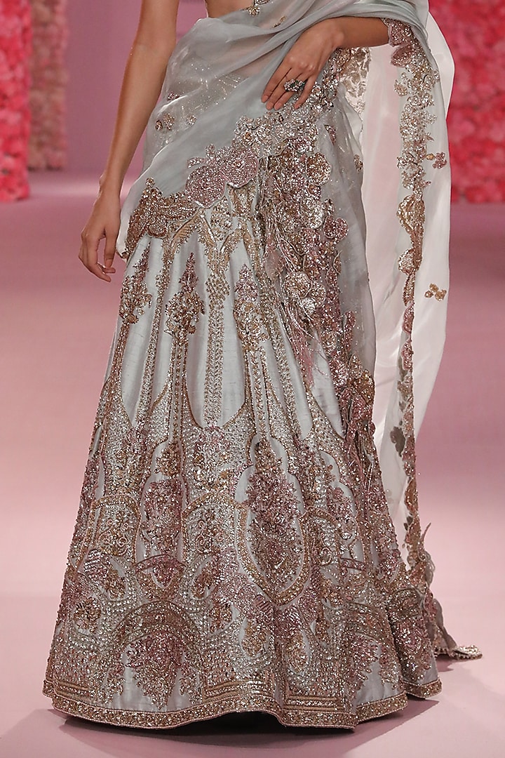 Powdery Sage Raw Silk Thread Work Bridal Lehenga Set by Dolly J at Pernia's Pop Up Shop
