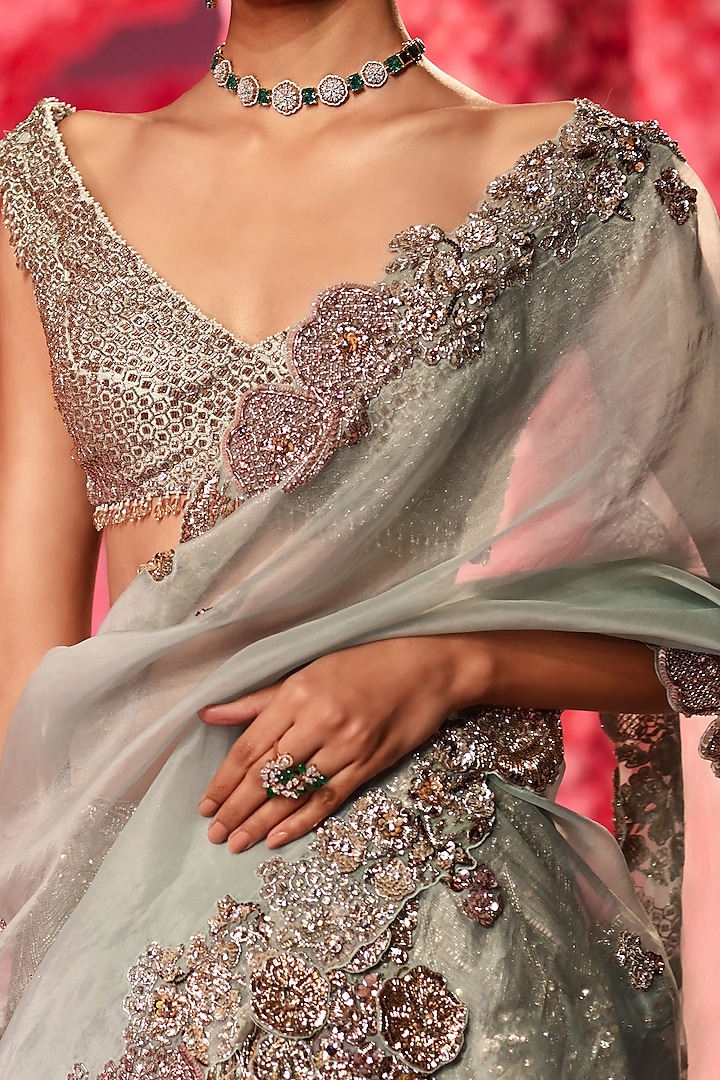Powdery Sage Raw Silk Thread Work Bridal Lehenga Set by Dolly J at Pernia's Pop Up Shop