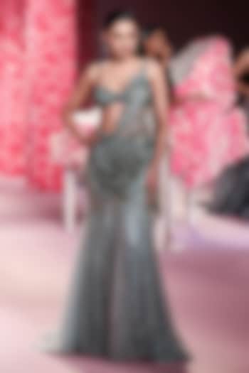 Powdery Sage Shimmer Tulle Crystal Embroidered Draped Bridal Saree Set by Dolly J at Pernia's Pop Up Shop