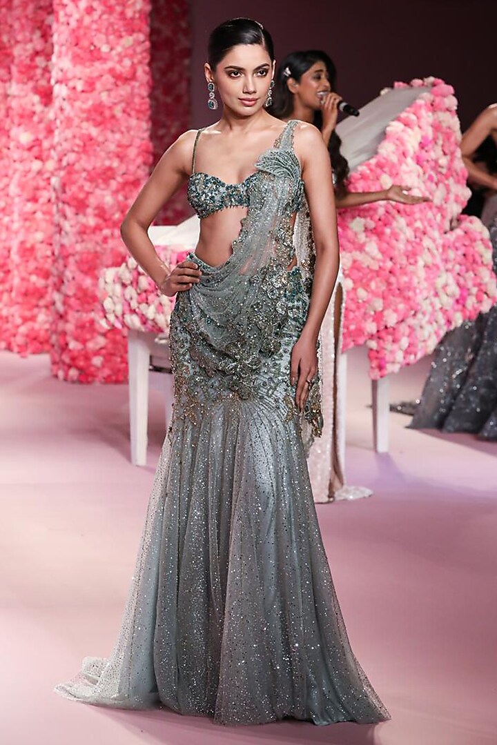 Powdery Sage Shimmer Tulle Crystal Embroidered Draped Bridal Saree Set by Dolly J at Pernia's Pop Up Shop