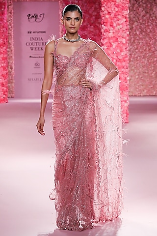 Candy Pink Shimmer Tulle Embroidered Saree Set by Dolly J