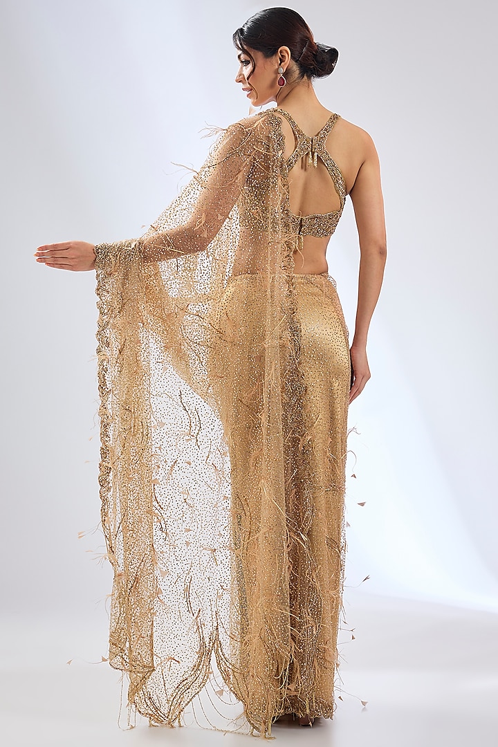 Gold Shimmer Tulle Embroidered Reception Saree Set by Dolly J at Pernia's Pop Up Shop