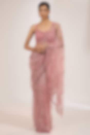 Candy Pink Shimmer Tulle Embroidered Saree Set by Dolly J at Pernia's Pop Up Shop