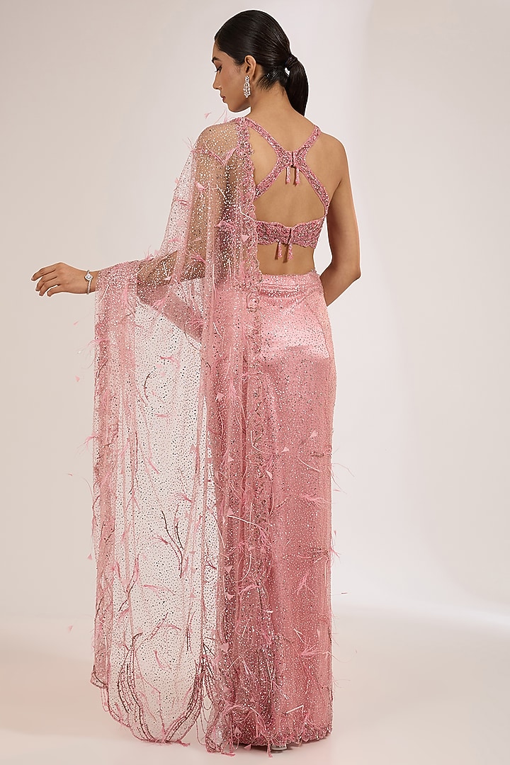 Candy Pink Shimmer Tulle Embroidered Reception Saree Set by Dolly J at Pernia's Pop Up Shop
