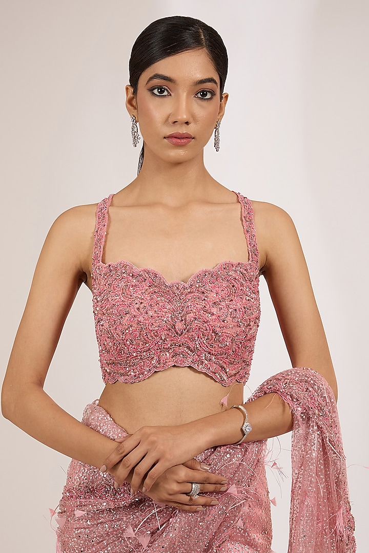 Candy Pink Shimmer Tulle Embroidered Reception Saree Set by Dolly J at Pernia's Pop Up Shop