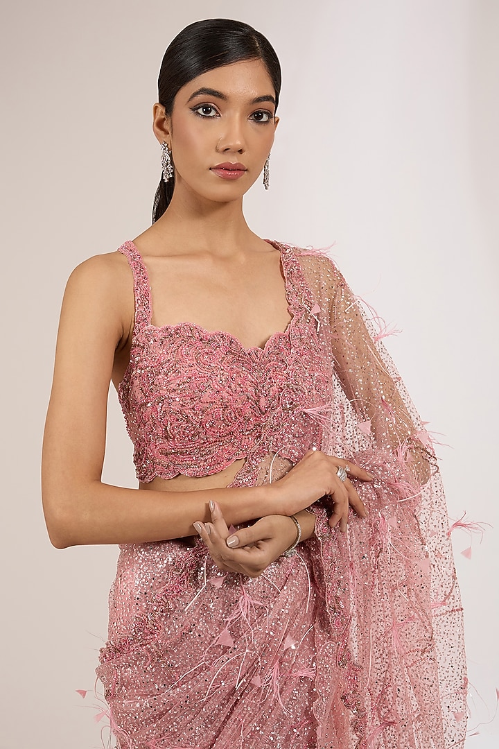 Candy Pink Shimmer Tulle Embroidered Reception Saree Set by Dolly J at Pernia's Pop Up Shop