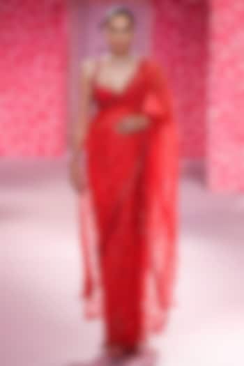 Scarlet Red Shimmer Tulle Crystal Embellished Reception Saree Set by Dolly J at Pernia's Pop Up Shop