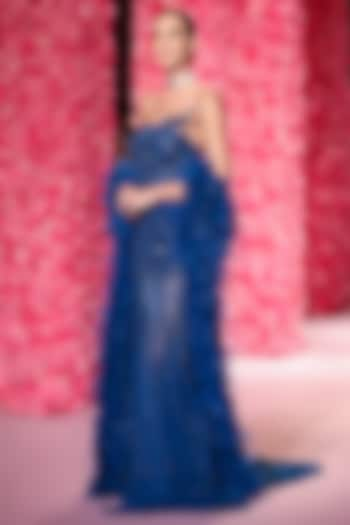 Cobalt Blue Tulle Net Crystal Embroidered Gown With Cape by Dolly J at Pernia's Pop Up Shop