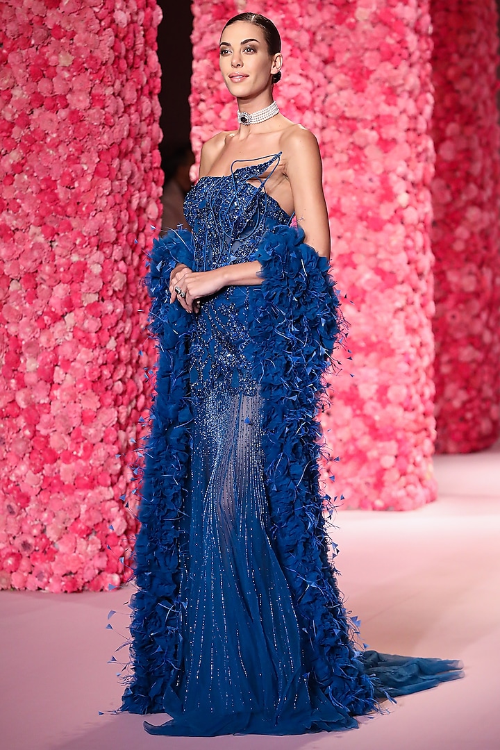 Cobalt Blue Tulle Net Crystal Embroidered Gown With Cape by Dolly J at Pernia's Pop Up Shop