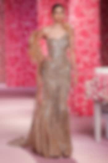 Yellow Gold Shimmer Tulle Hand Beaded Bridal Lehenga Set by Dolly J at Pernia's Pop Up Shop