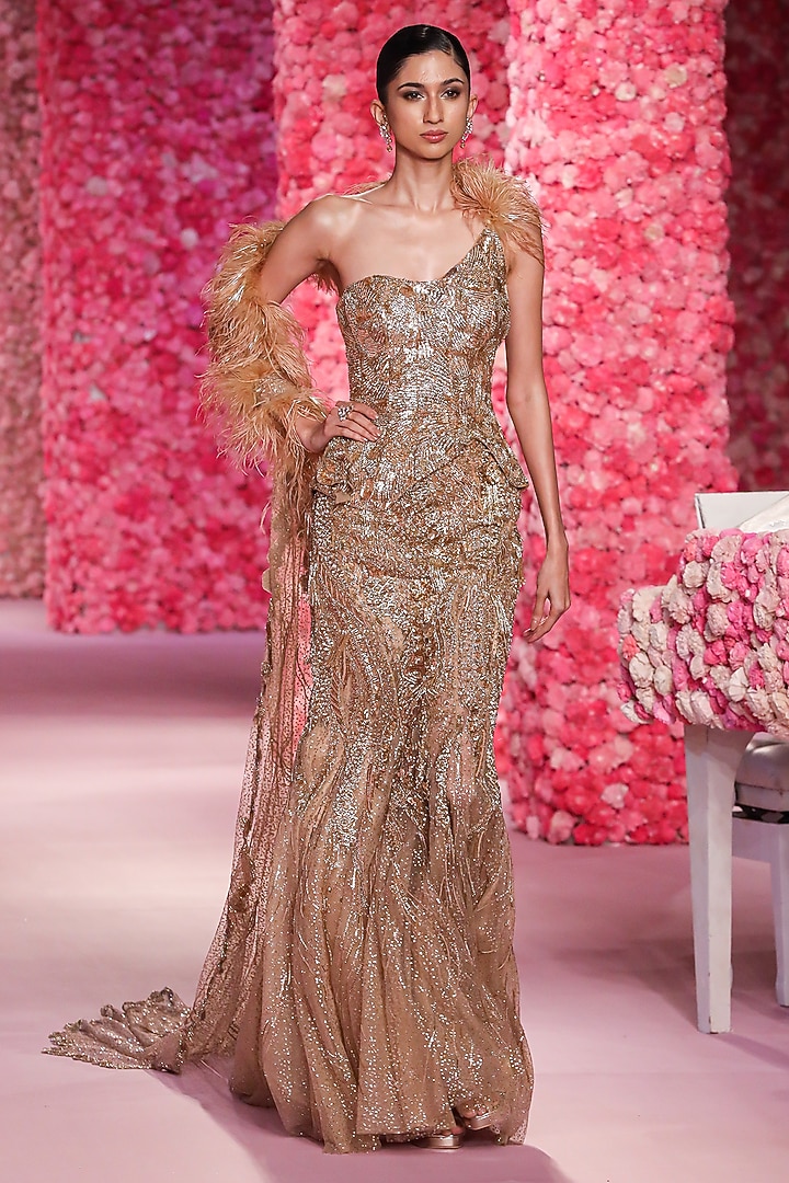 Yellow Gold Shimmer Tulle Hand Beaded Bridal Lehenga Set by Dolly J at Pernia's Pop Up Shop