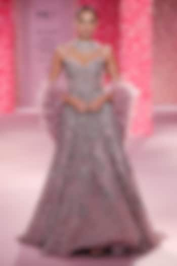 Mauve Pink Shimmer Tulle Hand Beaded Ball Gown With Cape by Dolly J at Pernia's Pop Up Shop