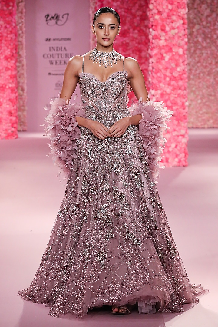 Mauve Pink Shimmer Tulle Hand Beaded Ball Gown With Cape by Dolly J at Pernia's Pop Up Shop