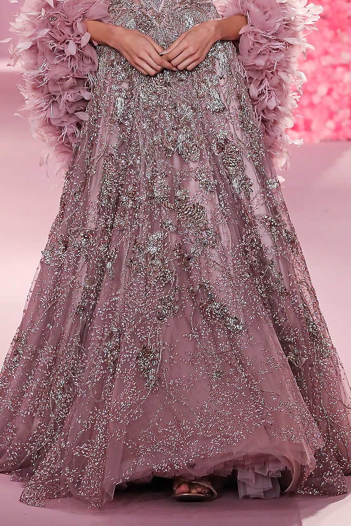 Mauve Pink Shimmer Tulle Hand Beaded Ball Gown With Cape by Dolly 