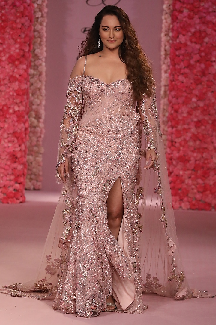 Blush Pink Shimmer Tulle Hand Beaded Draped Gown Saree by Dolly J at Pernia's Pop Up Shop