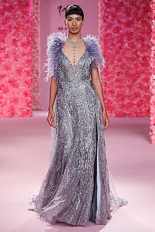 Pale Lilac Shimmer Tulle Hand Beaded Gown by Dolly J