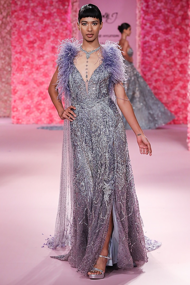 Pale Lilac Shimmer Tulle Hand Beaded Bridal Gown by Dolly J at Pernia's Pop Up Shop