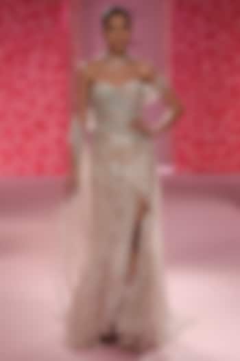 Pale Yellow Gold Shimmer Tulle Hand Beaded Corset Bridal Gown by Dolly J at Pernia's Pop Up Shop