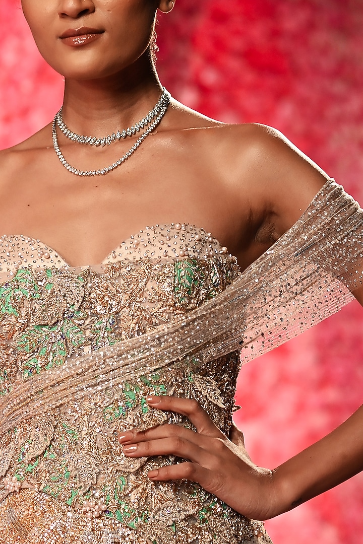 Pale Yellow Gold Shimmer Tulle Hand Beaded Corset Bridal Gown by Dolly J at Pernia's Pop Up Shop