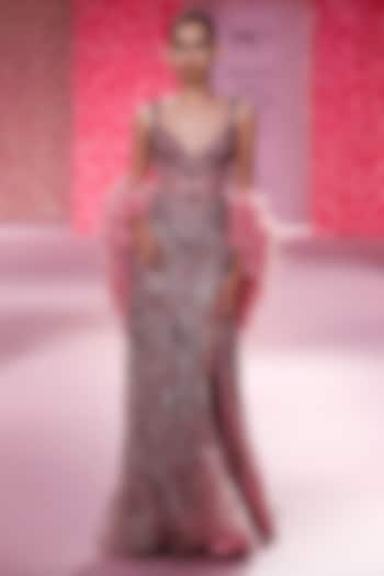 Mauve Pink Shimmer Tulle Hand Beaded Gown With Cape by Dolly J at Pernia's Pop Up Shop