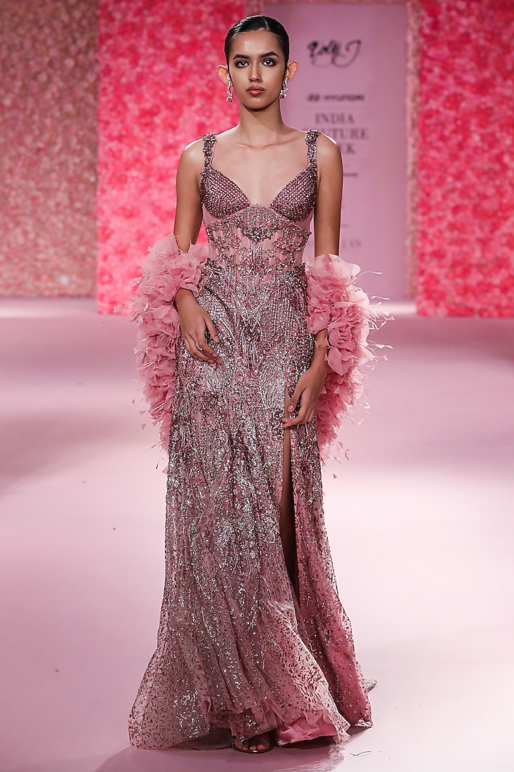 Mauve Pink Shimmer Tulle Hand Beaded Gown With Cape by Dolly J at Pernia's Pop Up Shop