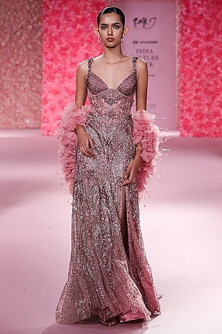 Mauve Pink Shimmer Tulle Hand Beaded Gown by Dolly J