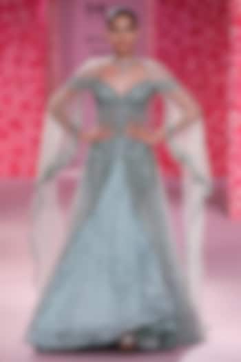 Powdery Sage Chiffon Chikankari Crystal Embroidered Jacket Bridal Lehenga Set by Dolly J at Pernia's Pop Up Shop