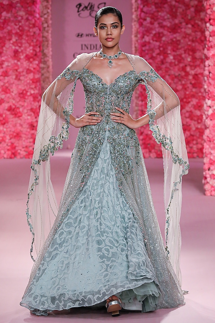 Powdery Sage Chiffon Chikankari Crystal Embroidered Jacket Bridal Lehenga Set by Dolly J at Pernia's Pop Up Shop