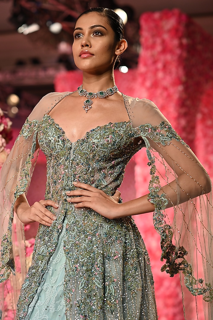 Powdery Sage Chiffon Chikankari Crystal Embroidered Jacket Bridal Lehenga Set by Dolly J at Pernia's Pop Up Shop
