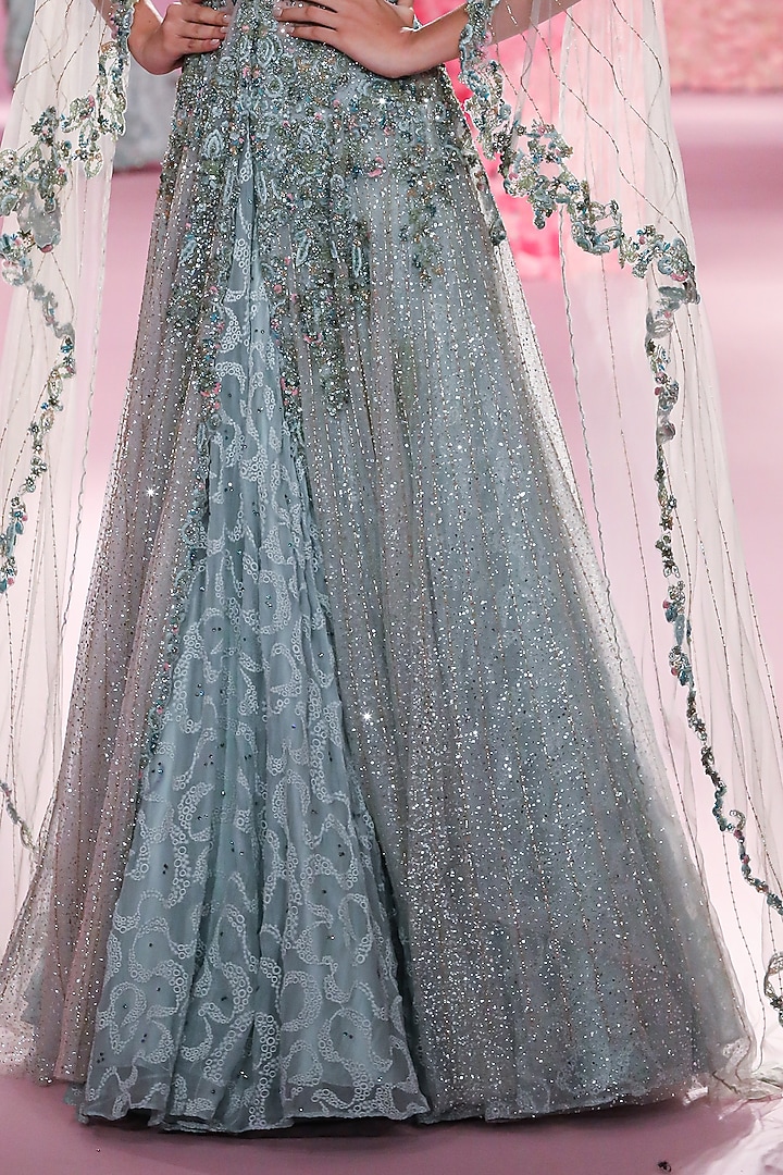 Powdery Sage Chiffon Chikankari Crystal Embroidered Jacket Bridal Lehenga Set by Dolly J at Pernia's Pop Up Shop