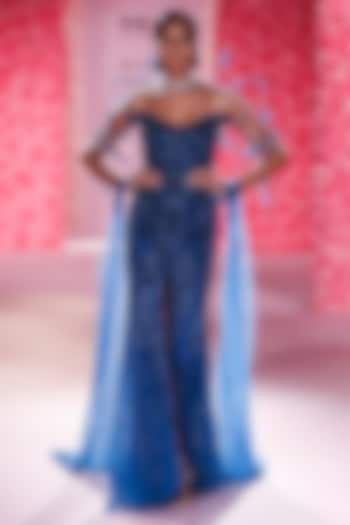 Cobalt Blue Tulle Net Crystal Embroidered Gown by Dolly J at Pernia's Pop Up Shop