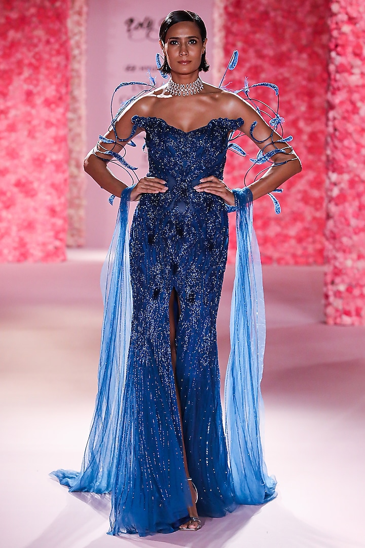 Cobalt Blue Tulle Net Crystal Embroidered Gown by Dolly J at Pernia's Pop Up Shop