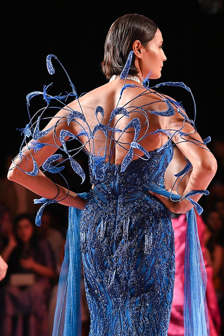 Cobalt Blue Tulle Net Crystal Embroidered Gown by Dolly J at