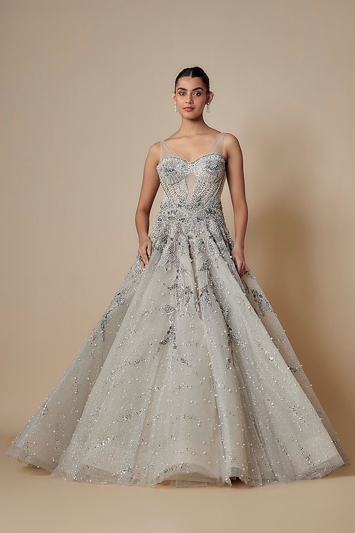 Greyish Blue Tulle Zardosi Embroidered Bridal Gown by Dolly J at Pernia's Pop Up Shop