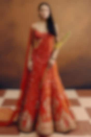 Tangerine Orange Net Hand Embroidered Bridal Lehenga Set by Dolly J at Pernia's Pop Up Shop