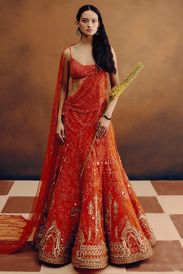 Tangerine Orange Net Hand Embroidered Bridal Lehenga Set by Dolly J at Pernia's Pop Up Shop