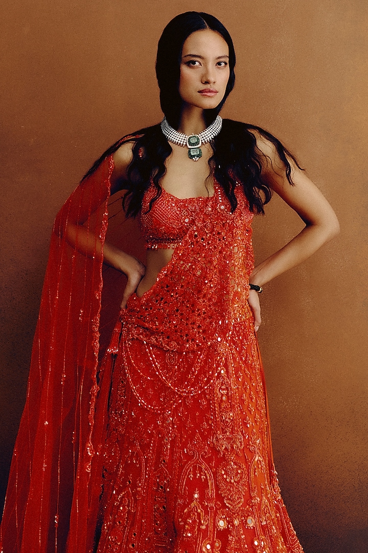 Tangerine Orange Net Hand Embroidered Bridal Lehenga Set by Dolly J at Pernia's Pop Up Shop