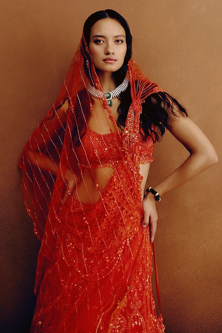 Tangerine Orange Net Hand Embroidered Bridal Lehenga Set by Dolly J at Pernia's Pop Up Shop