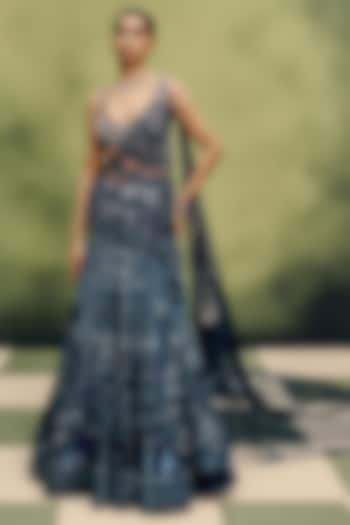 Navy Blue Net Mirror Hand Embroidered Cocktail Bridal Lehenga Set by Dolly J at Pernia's Pop Up Shop