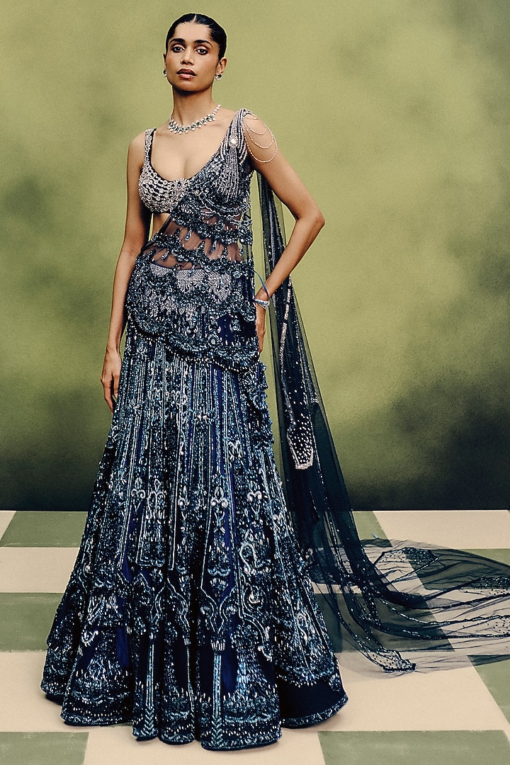 Navy Blue Net Mirror Hand Embroidered Cocktail Bridal Lehenga Set by Dolly J at Pernia's Pop Up Shop