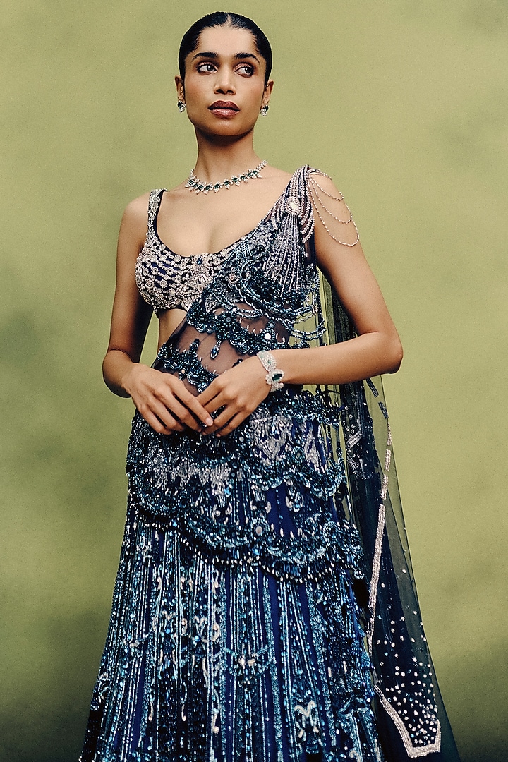 Navy Blue Net Mirror Hand Embroidered Cocktail Bridal Lehenga Set by Dolly J at Pernia's Pop Up Shop