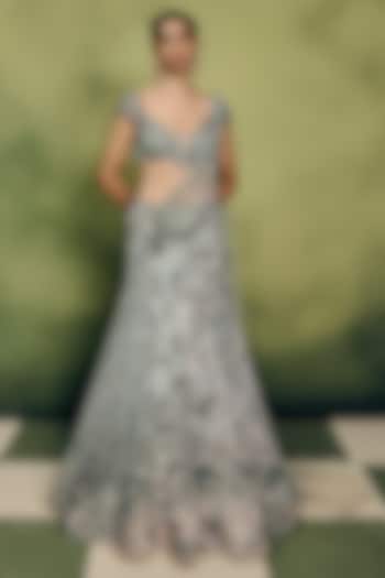 Mint Green Net Hand Embroidered Cocktail Bridal Lehenga Set by Dolly J at Pernia's Pop Up Shop