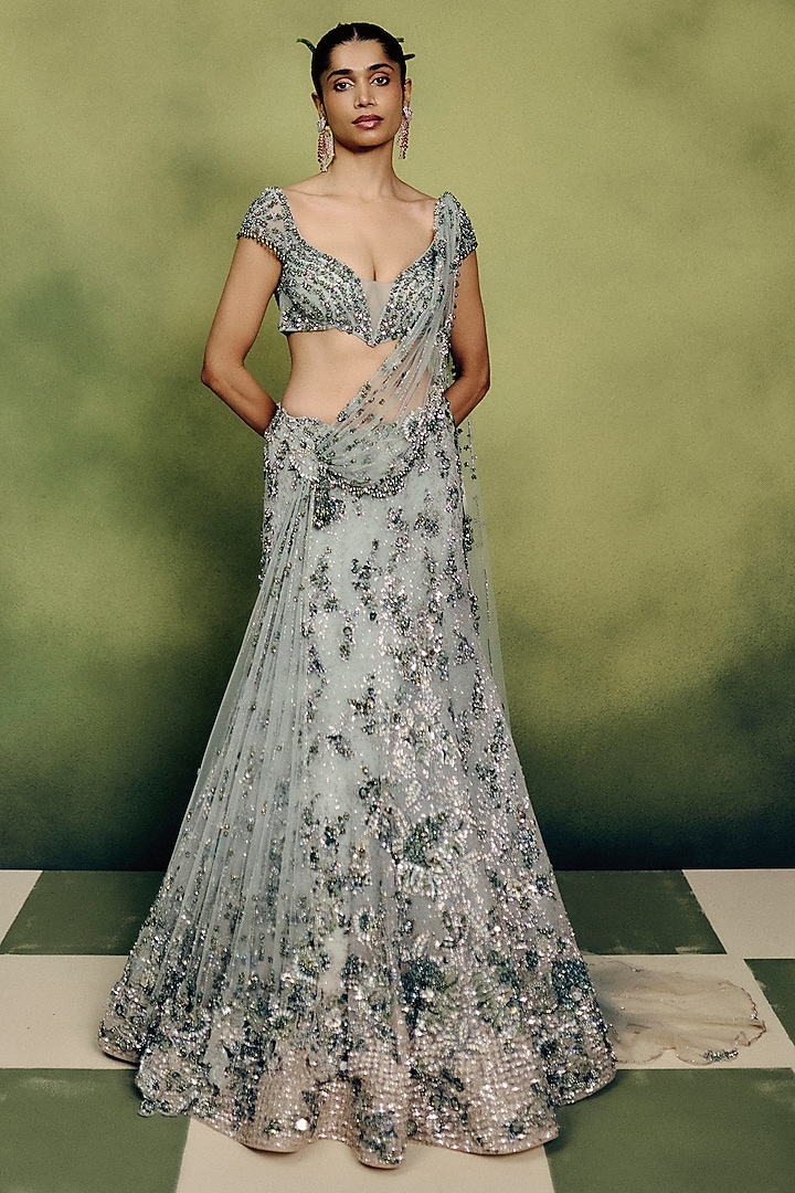 Mint Green Net Hand Embroidered Cocktail Bridal Lehenga Set by Dolly J at Pernia's Pop Up Shop