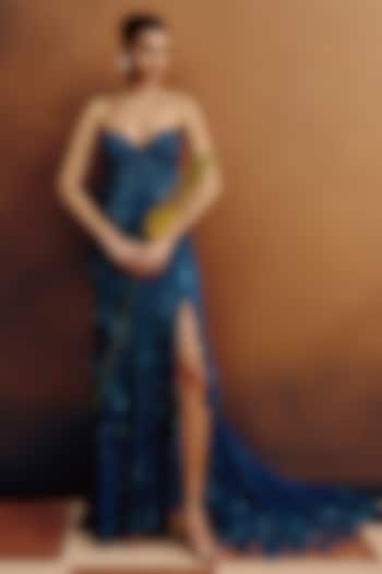 Teal Net Crystal Embellished Bridal Gown by Dolly J at Pernia's Pop Up Shop