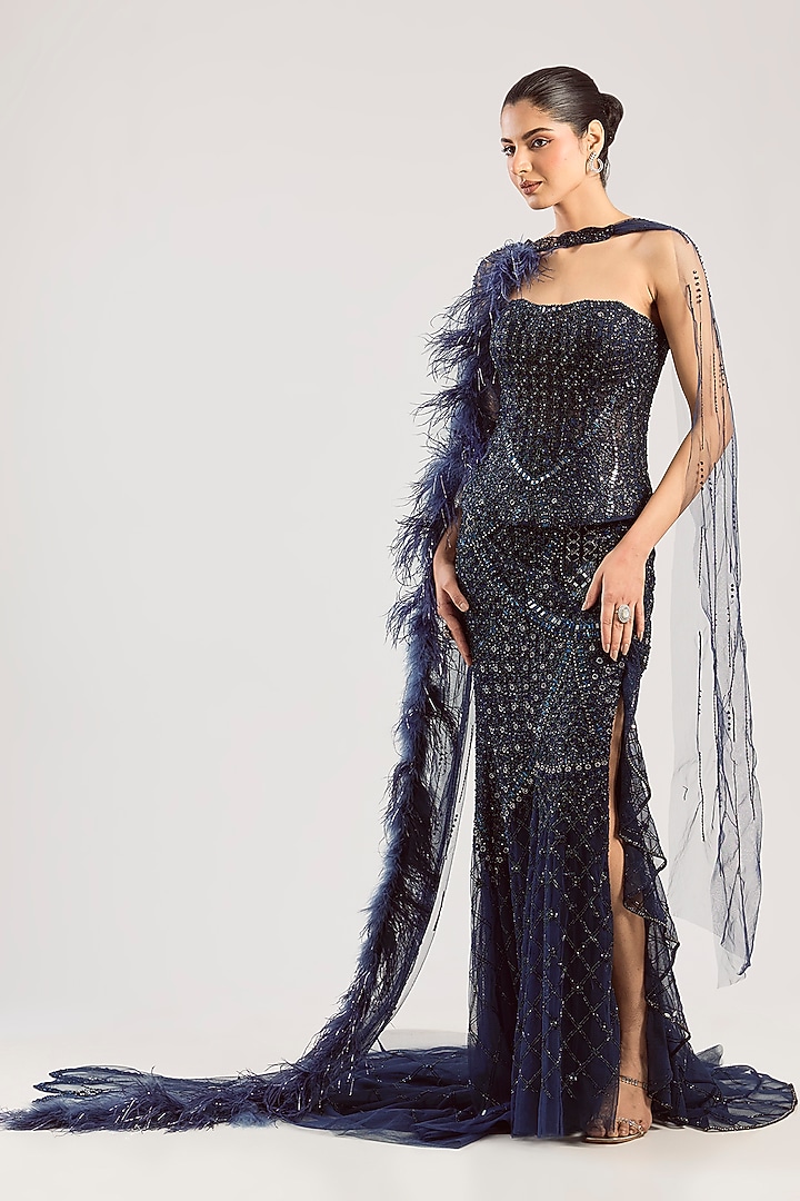 Blue Tulle Net Bridal Lehenga Set by Dolly J at Pernia's Pop Up Shop