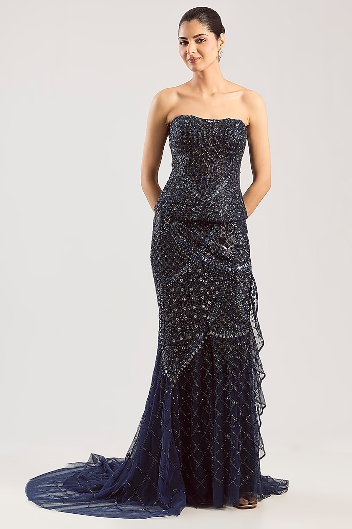 Blue Tulle Net Bridal Lehenga Set by Dolly J at Pernia's Pop Up Shop