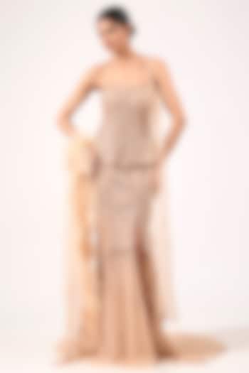 Champagne Tulle Net Feather Embroidered Bridal Lehenga Set by Dolly J at Pernia's Pop Up Shop