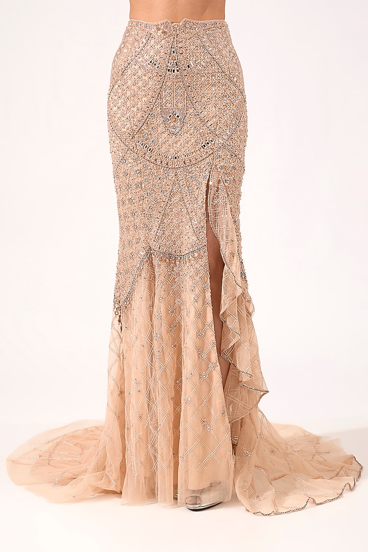Champagne Tulle Net Feather Embroidered Bridal Lehenga Set by Dolly J at Pernia's Pop Up Shop